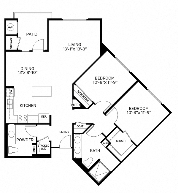 Floor plan for 2 beds, 1.5 baths, 1074 sqft